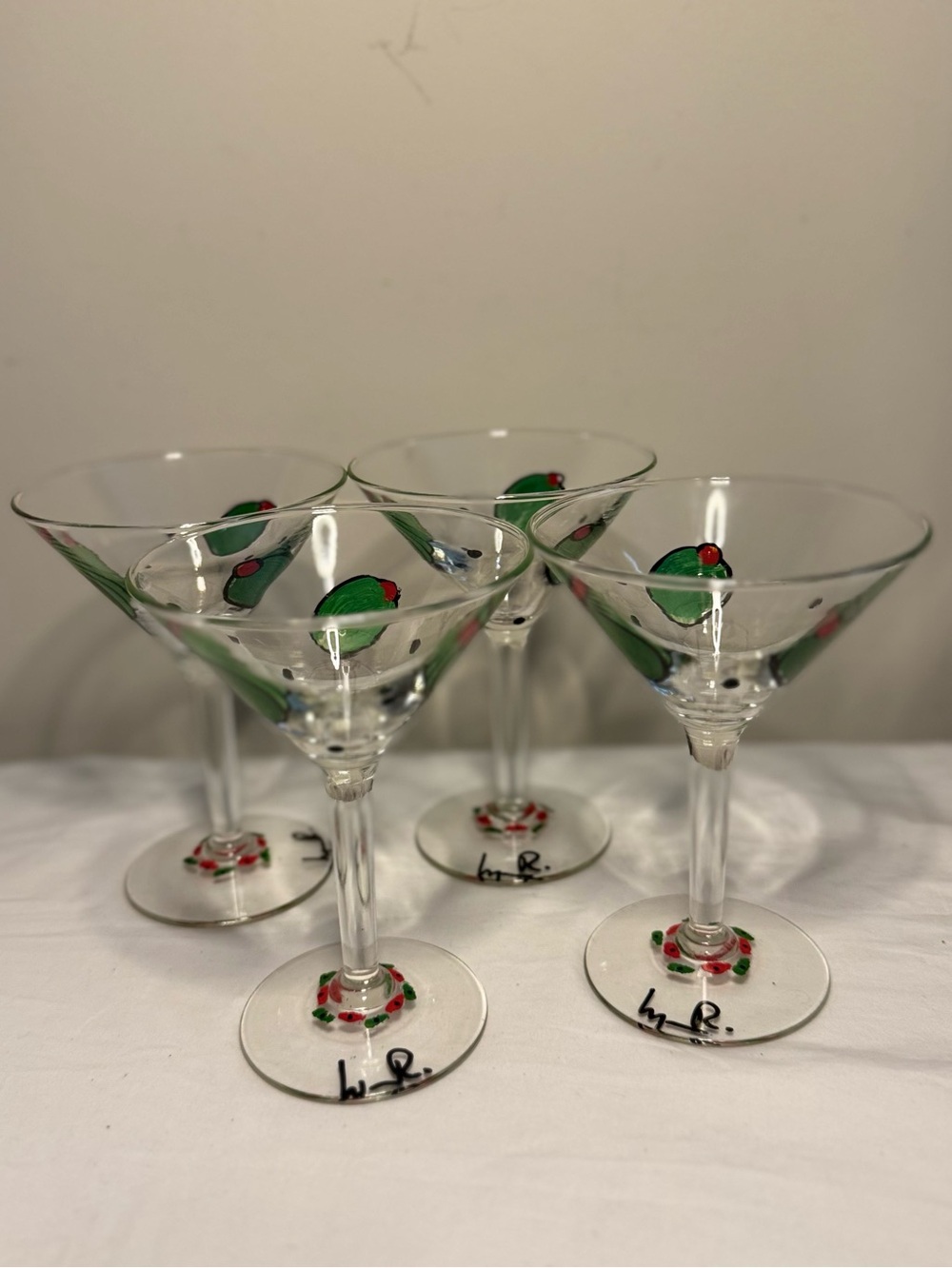 Set of 4 Martini Glasses Hand Painted Olives "Shaken Not Stirred"